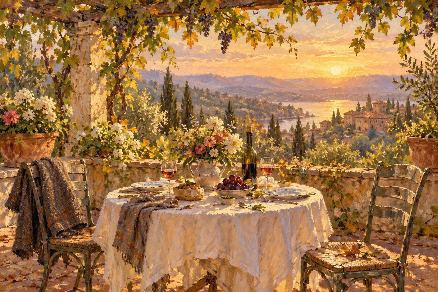 Pintura impresionista de una mesa de jardín con una silla vacía y una chaqueta, ilustración de la pérdida ambigua
