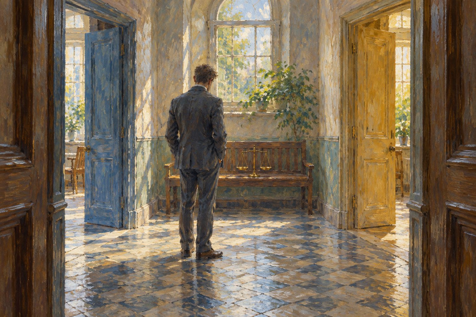Pintura impresionista de un pasillo con dos puertas y una balanza, perito de parte o perito judicial
