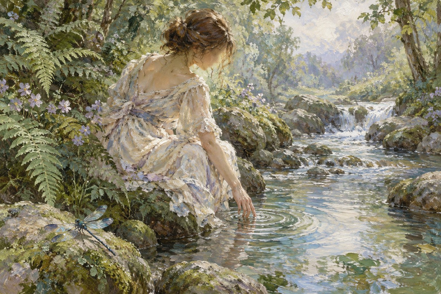 Pintura impresionista de una mujer rozando el agua de un arroyo, ilustración de la persona altamente sensible y su test