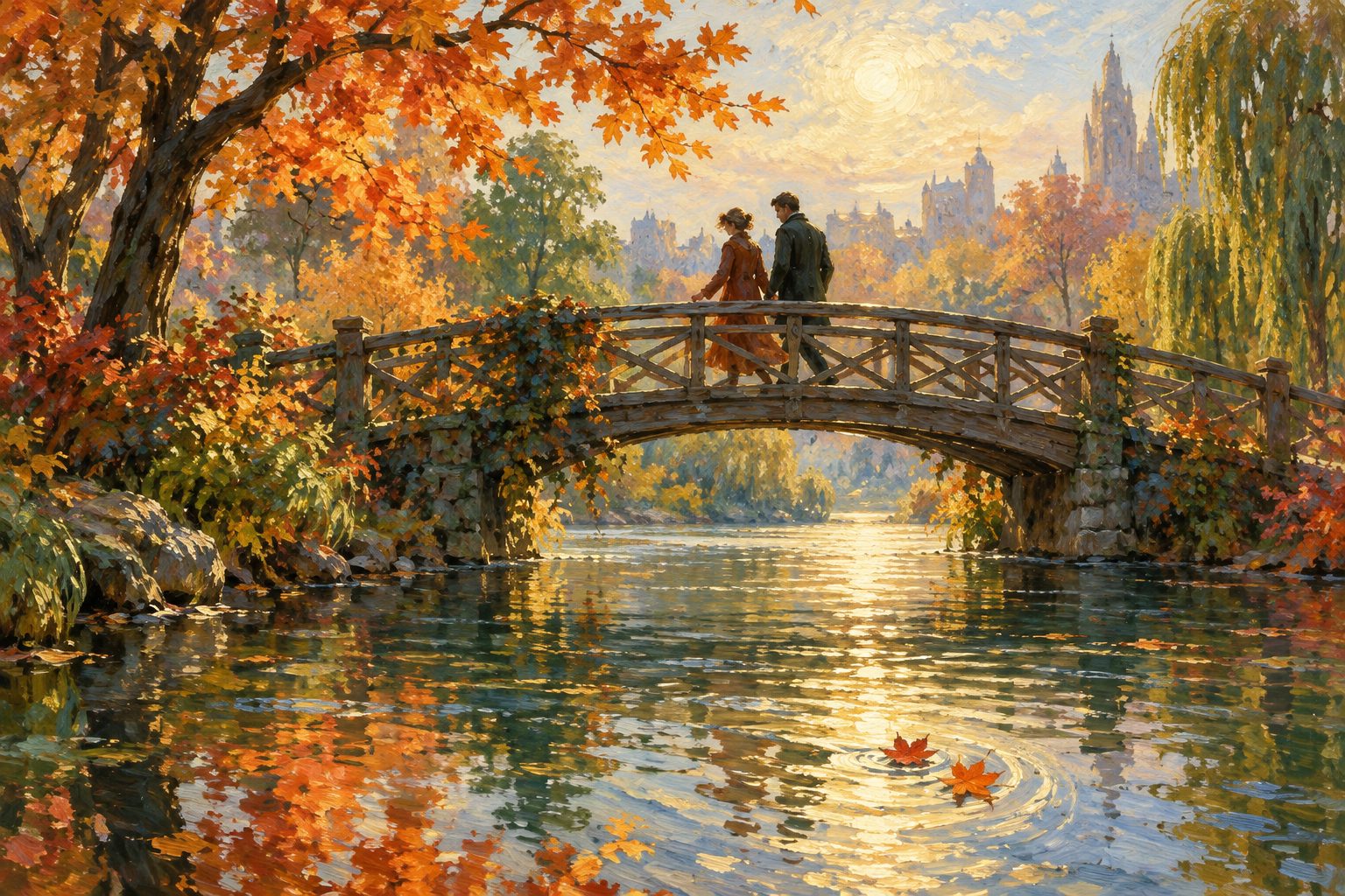 Pintura impresionista de una pareja cruzando un puente, personalidad y elección de pareja