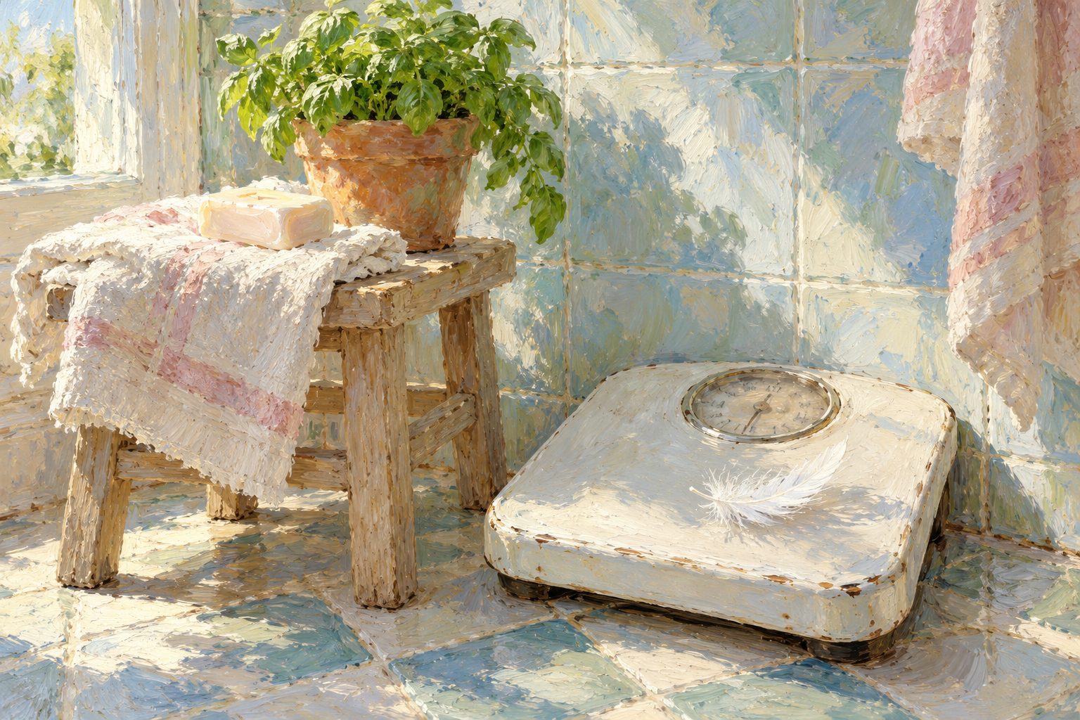 Pintura impresionista de una báscula de baño antigua con una pluma, ilustración de si es malo pesarse todos los días