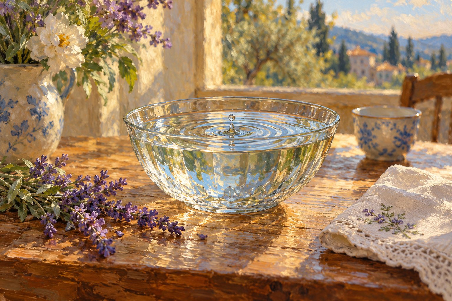 Bodegón impresionista con un cuenco de agua y un pañuelo de lino, ilustración de por qué lloramos y la función de las lágrimas