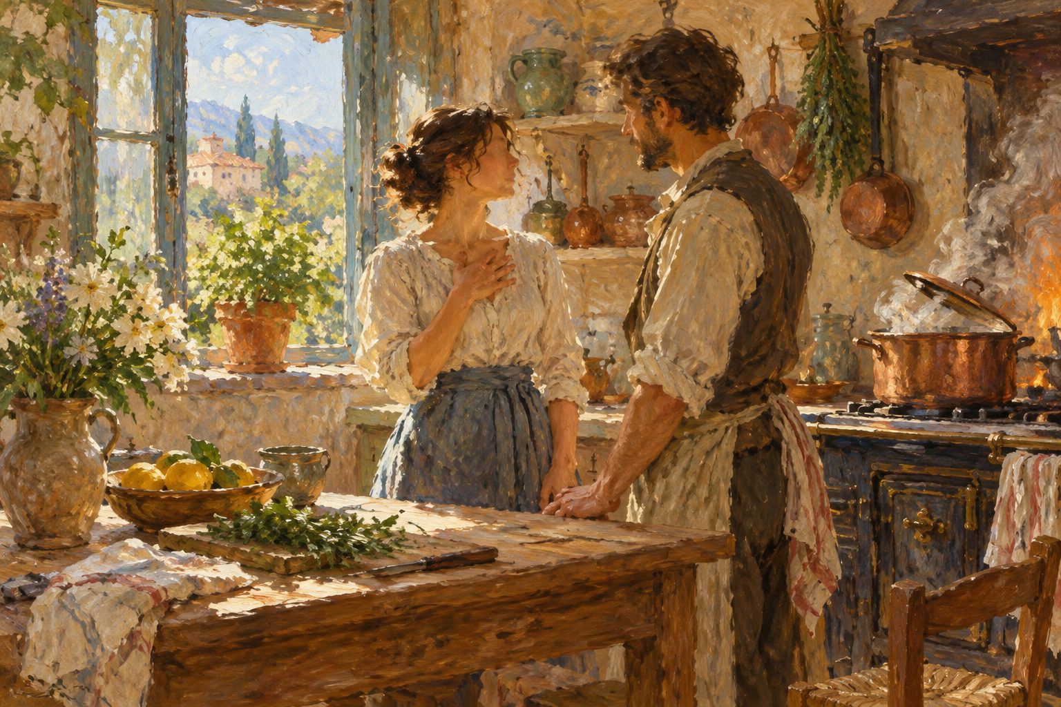 Pintura impresionista de dos personas conversando con calma en una cocina, ilustración de por qué lloro cuando discuto o me enojo