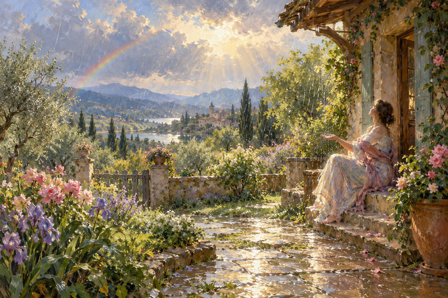 Pintura impresionista de una mujer recibiendo la lluvia suave bajo el alero con un arcoíris tenue, ilustración de por qué lloro por todo