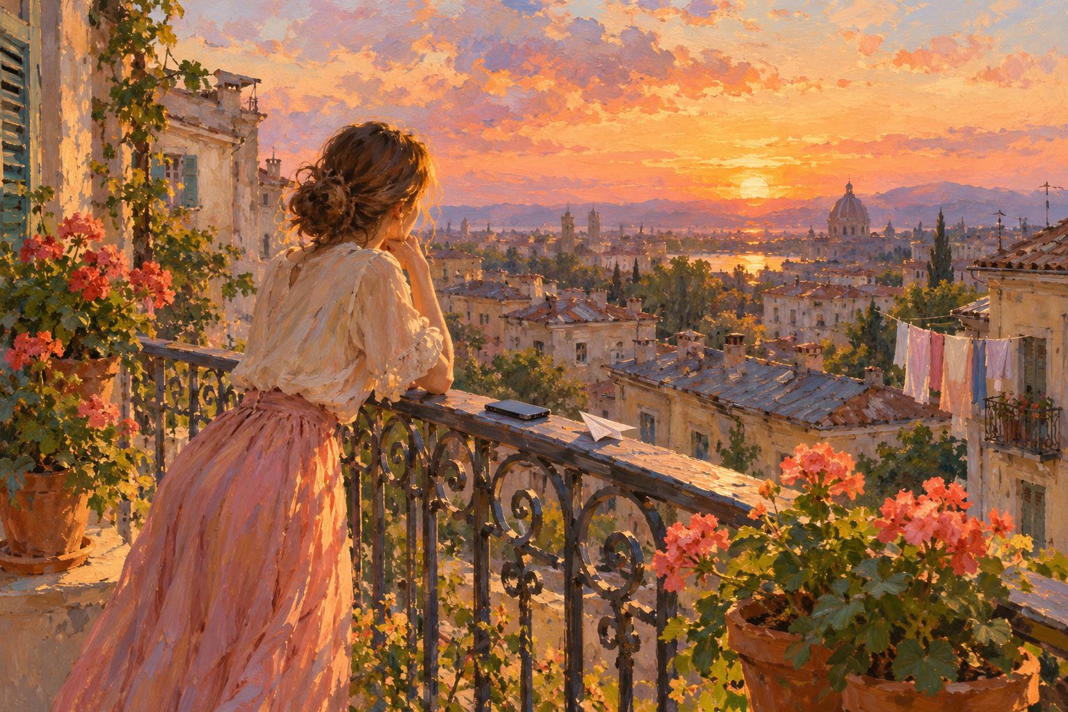 Pintura impresionista de una mujer en un balcón al atardecer con el teléfono boca abajo, ilustración de por qué me cuesta responder mensajes