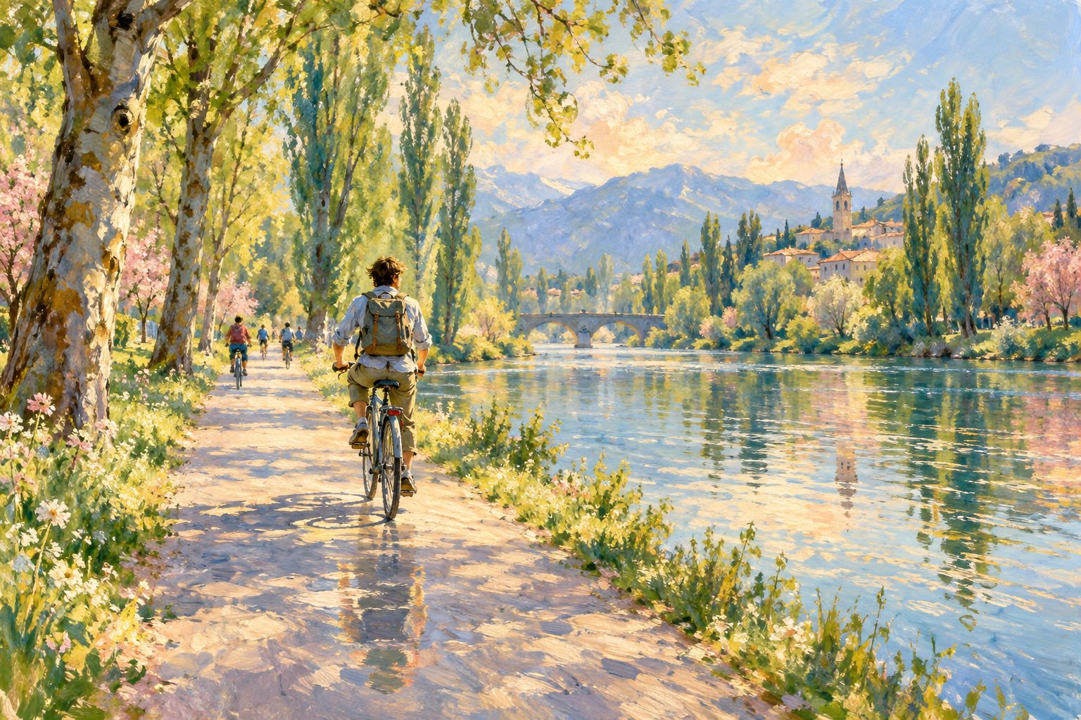 Pintura impresionista de un joven en bicicleta junto a un rio, ilustracion sobre por que me miro tanto al espejo
