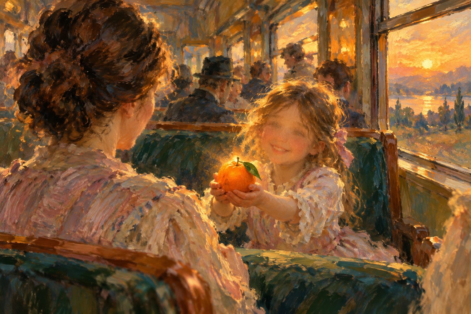 Pintura impresionista de una mujer en un tren a quien una niña ofrece una mandarina, ilustración de por qué me siento solo aunque tenga gente alrededor