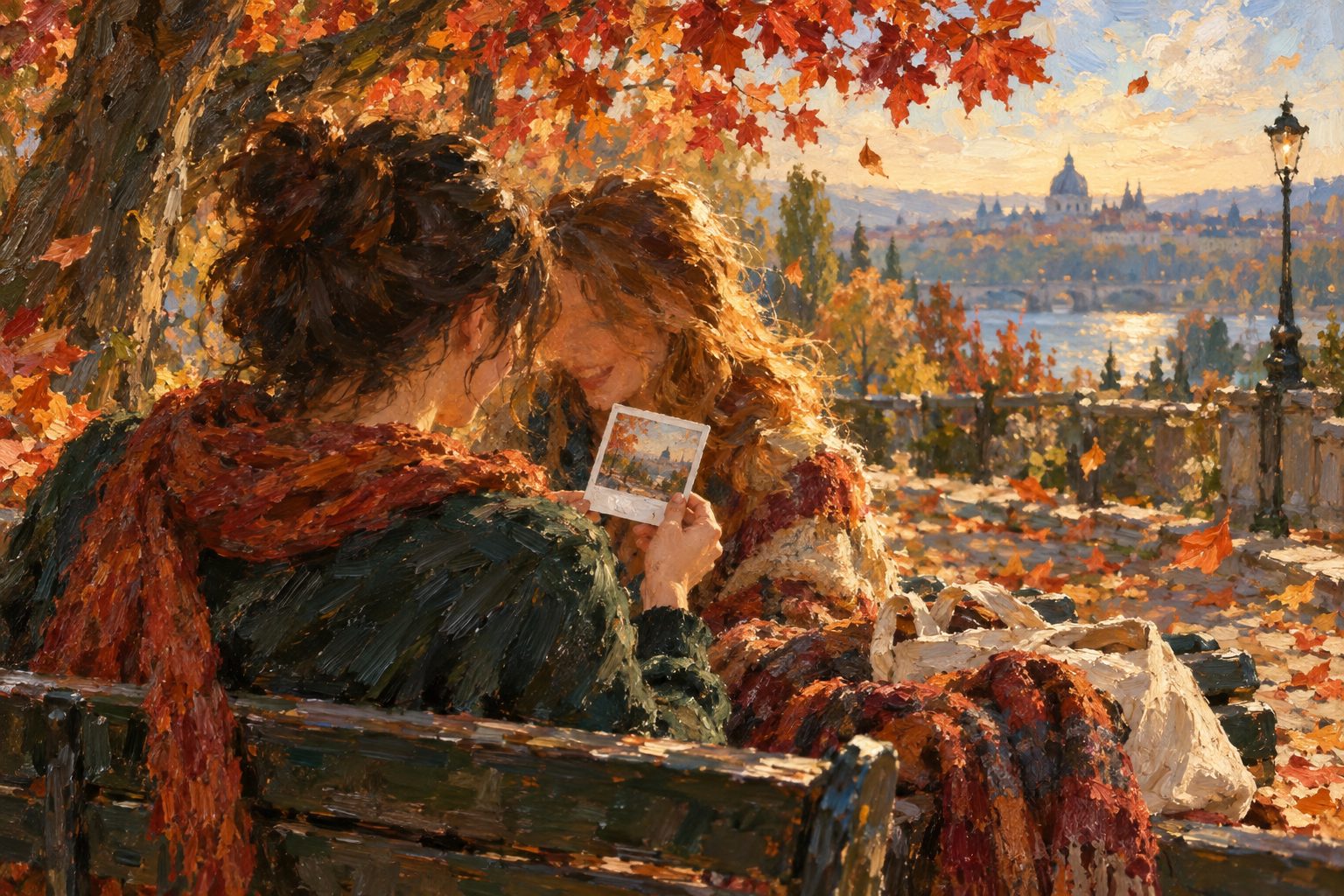 Pintura impresionista de dos amigas riendo con una fotografía instantánea bajo un arce, ilustración de por qué me veo feo en las fotos