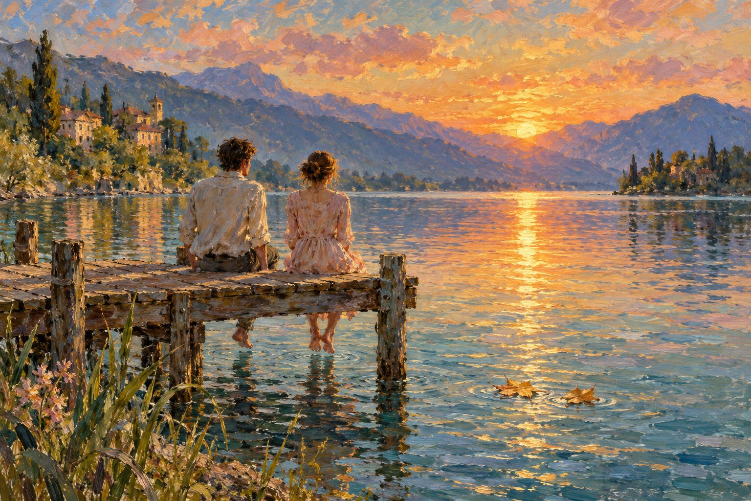 Pintura impresionista de una pareja en un muelle al atardecer, ilustración de por qué peleamos siempre por lo mismo en pareja