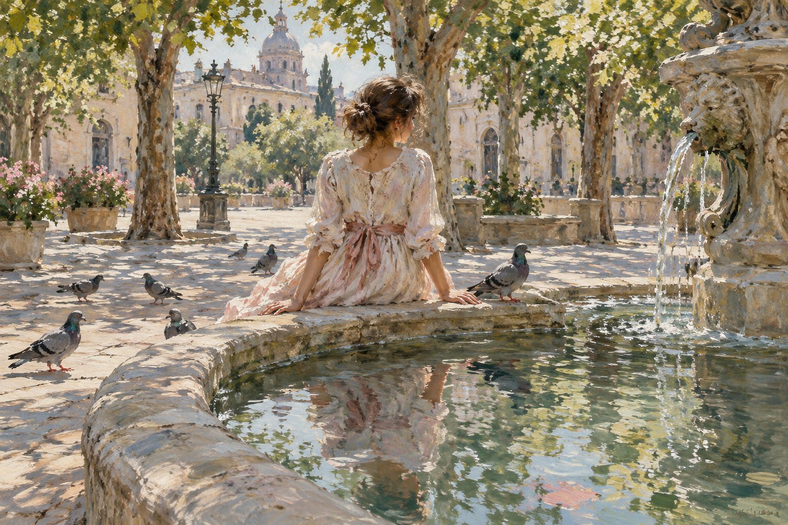 Pintura impresionista de una persona junto a una fuente con una paloma, ilustración de por qué pierdo el interés cuando alguien se interesa en mí