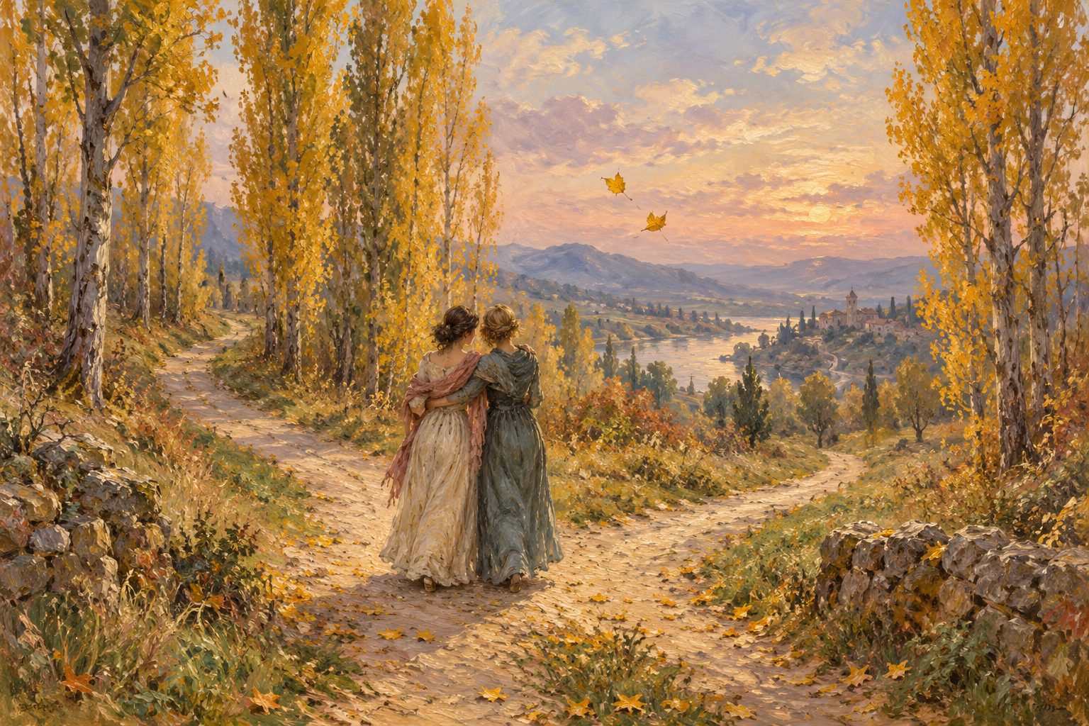 Pintura impresionista de dos amigas despidiéndose en una bifurcación de sendero, ilustración de por qué se terminan las amistades