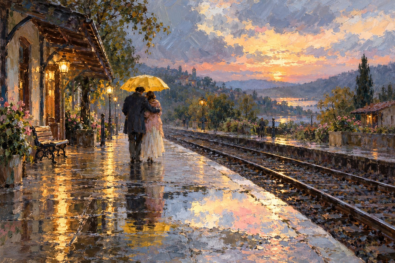 Pintura impresionista de dos personas bajo un paraguas amarillo en un andén, positividad tóxica