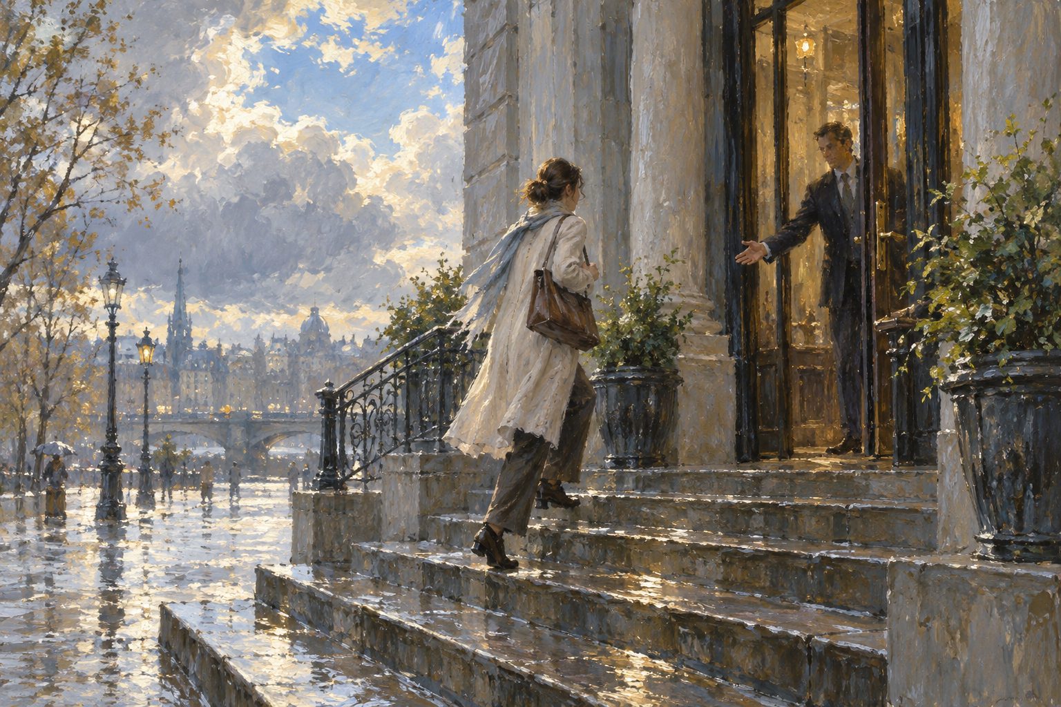Pintura impresionista de una persona con bufanda subiendo a su trabajo mientras un compañero le sostiene la puerta, ilustración del presentismo laboral