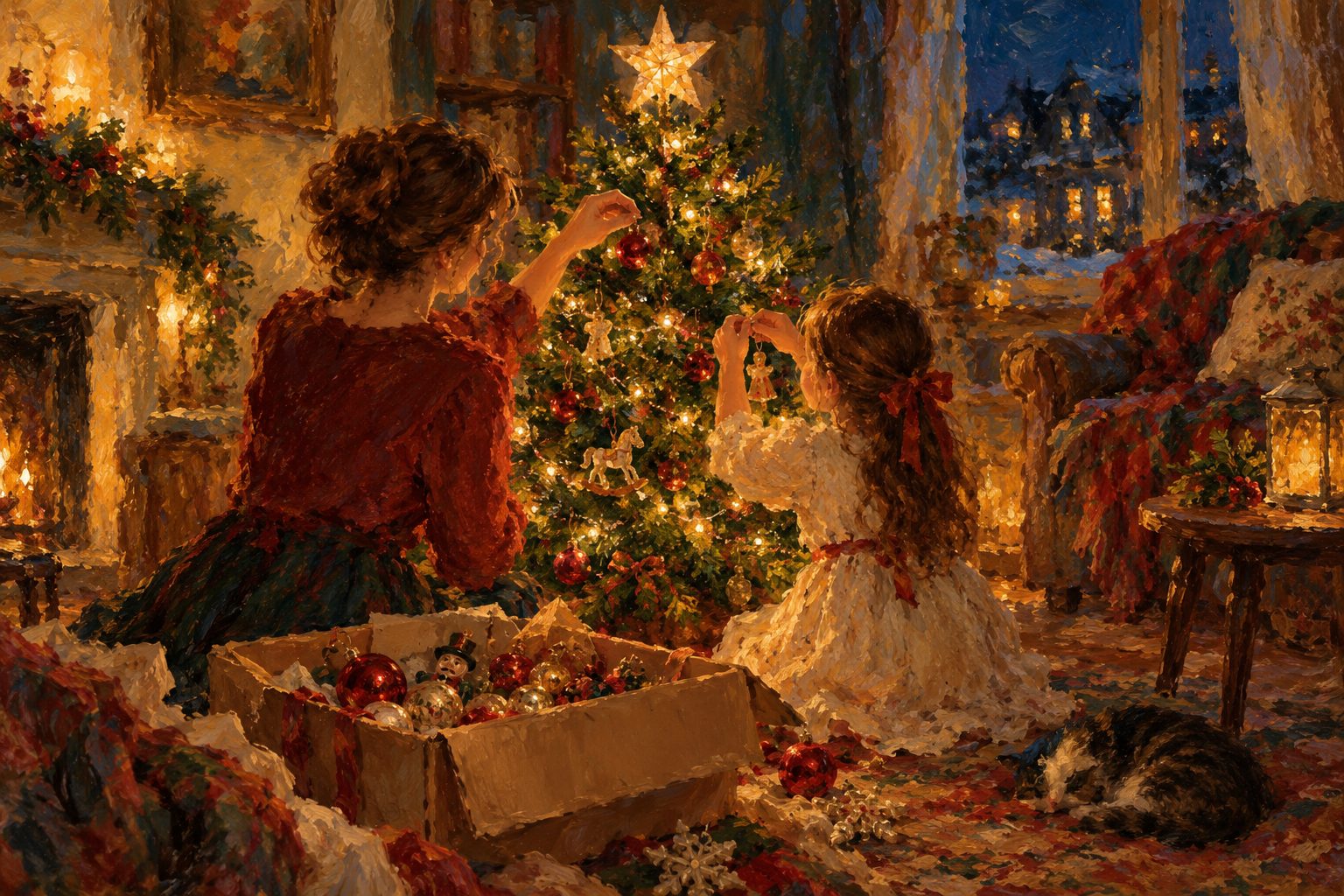 Pintura impresionista de una mujer y una niña decorando un arbolito de Navidad, ilustración de la primera Navidad sin un ser querido