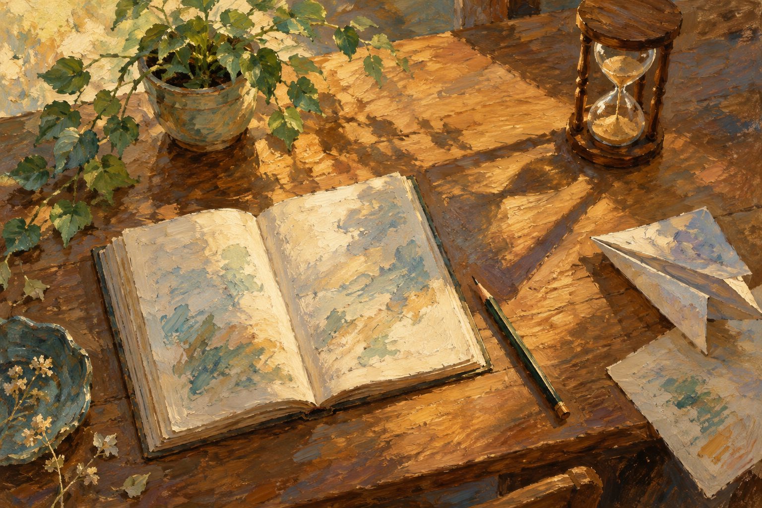 Pintura impresionista de un escritorio visto desde arriba con libro, avión de papel y reloj de arena, ilustración de la procrastinación académica