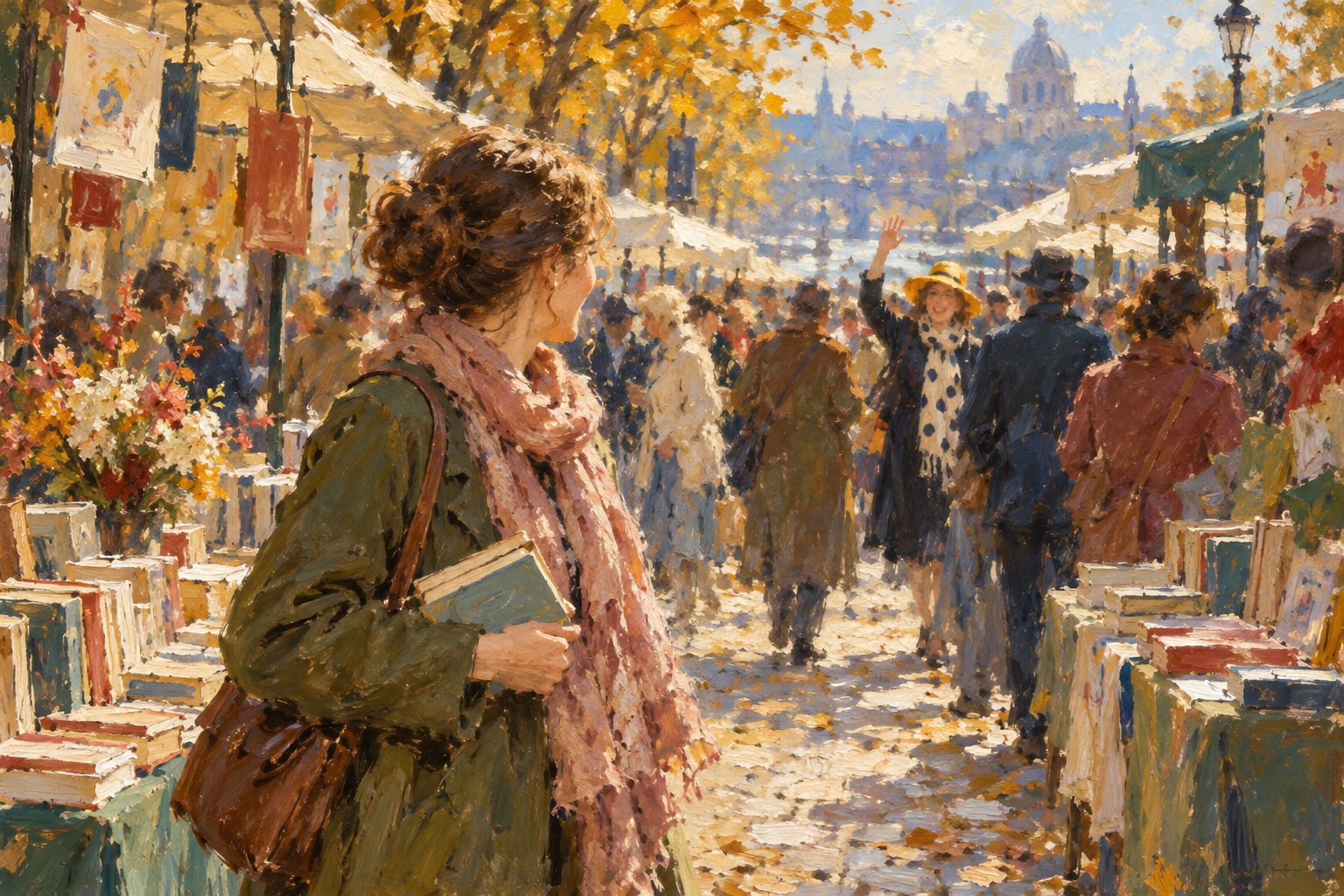 Pintura impresionista de una mujer que reconoce a una amiga por su sombrero amarillo en una feria, ilustración del test de prosopagnosia