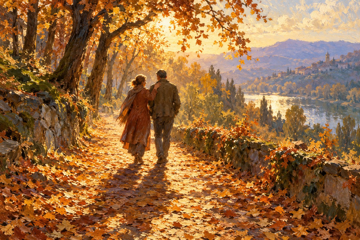 Pintura impresionista de dos personas caminando juntas por un sendero otoñal, ilustración de qué decirle a alguien en duelo