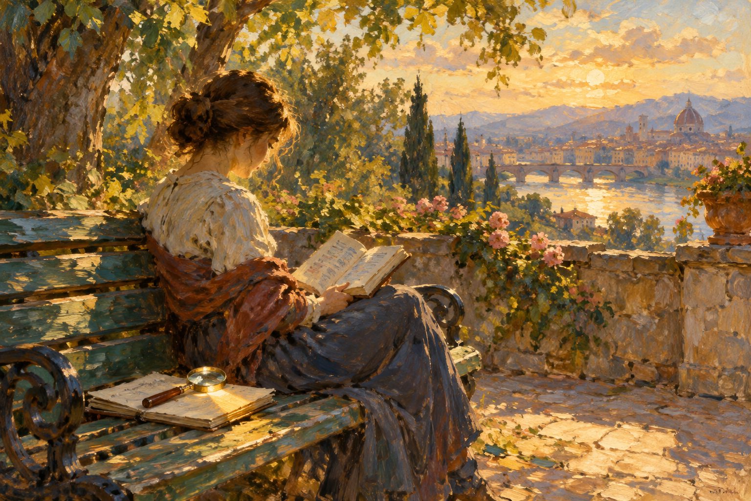 Pintura impresionista de una lupa sobre una libreta al atardecer, sobre qué es el pensamiento crítico