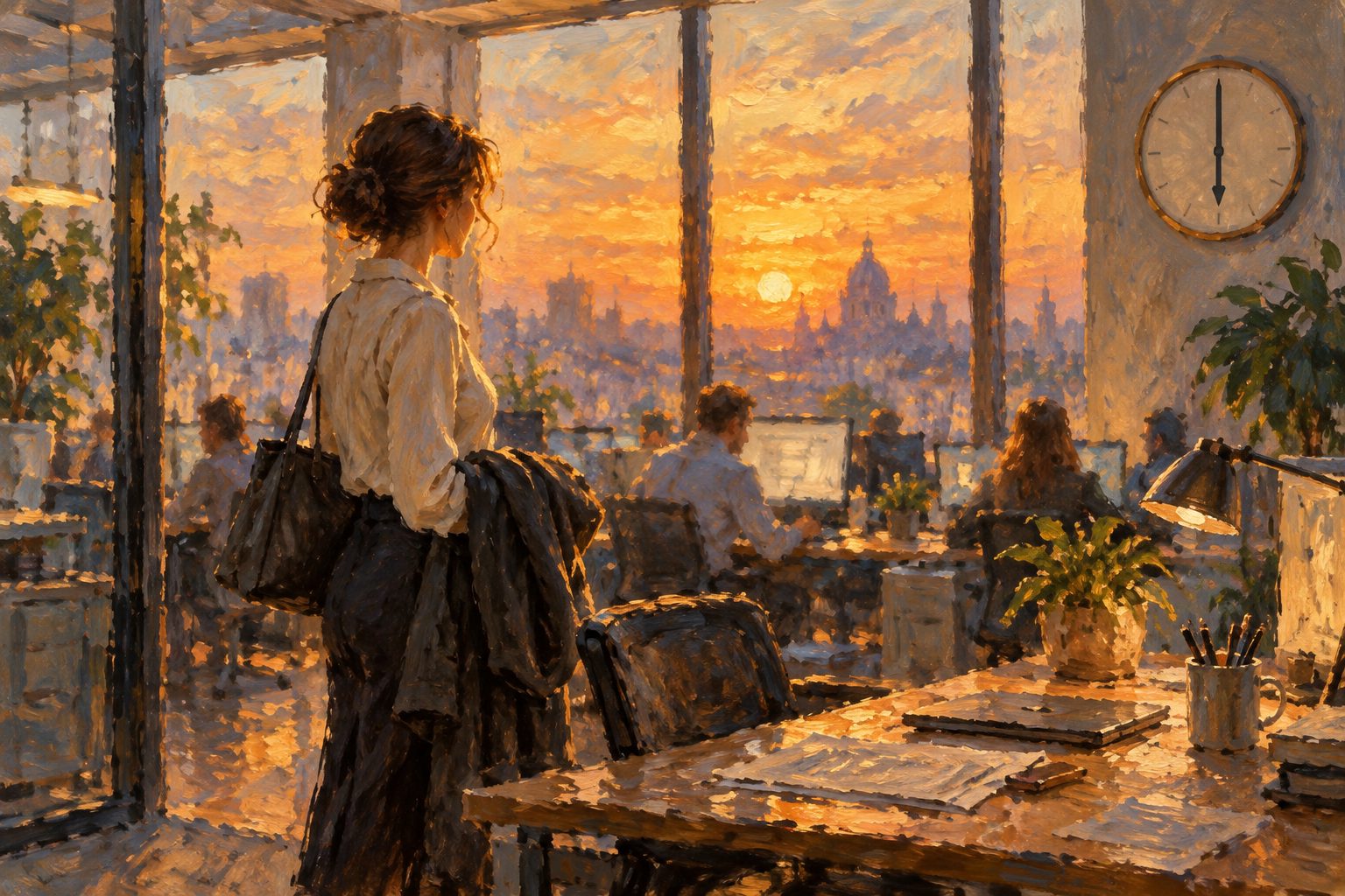 Pintura impresionista de alguien dejando su escritorio justo a la hora, sobre el quiet quitting