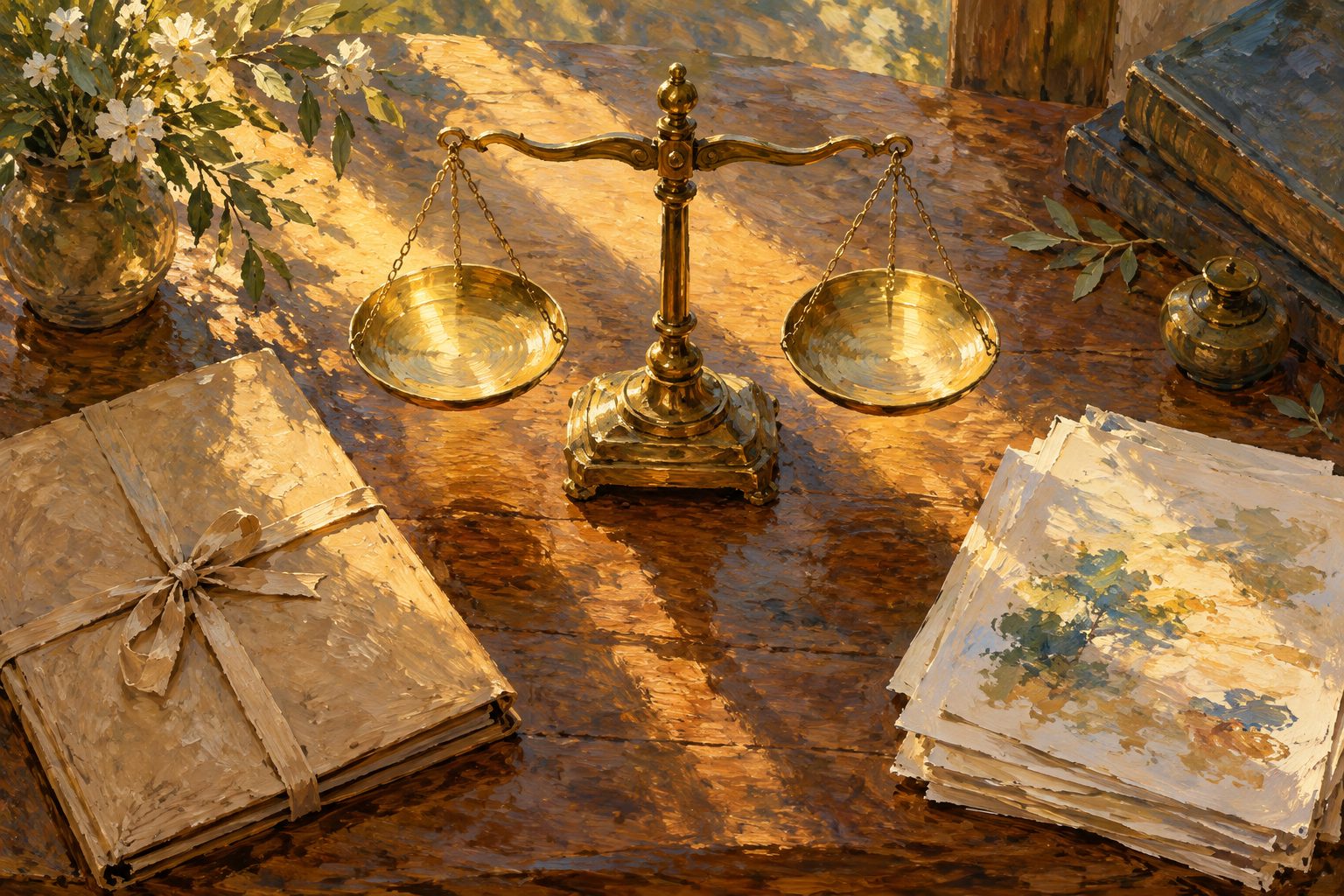 Pintura impresionista de una balanza de latón en equilibrio, ilustración del peritaje psicológico y el informe clínico
