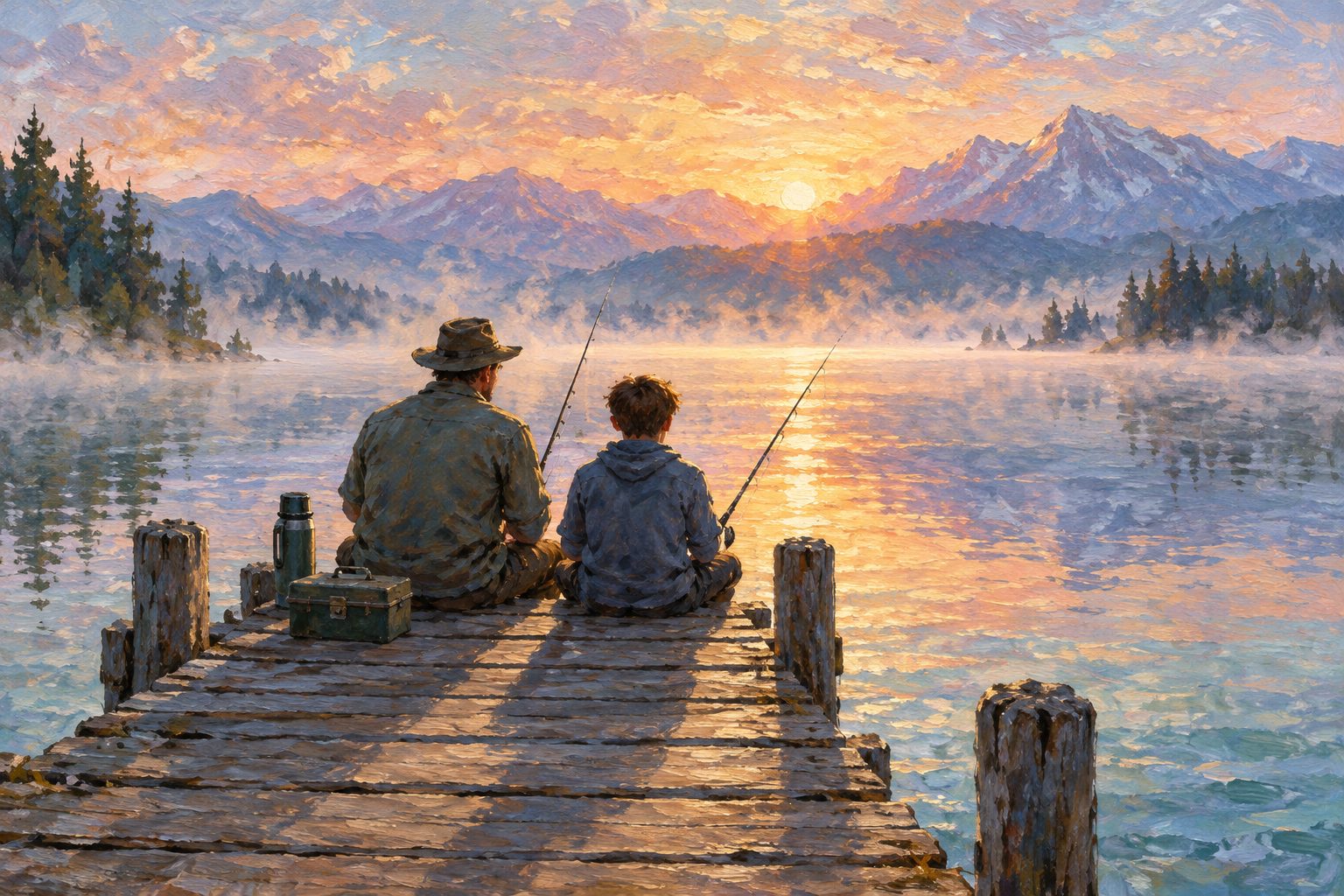 Pintura impresionista de un padre y su hijo pescando juntos en un muelle, ilustración sobre qué hacer si mi hijo tiene anorexia