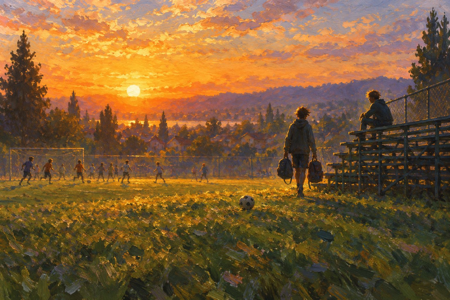 Pintura impresionista de un adolescente solo en una grada al atardecer, ilustración del rechazo social en adolescentes