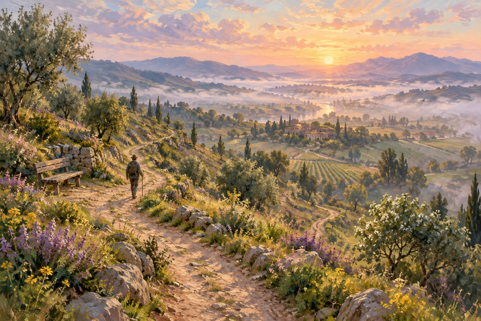Pintura impresionista de un camino sinuoso entre colinas al amanecer, ilustración sobre la recuperación de la anorexia