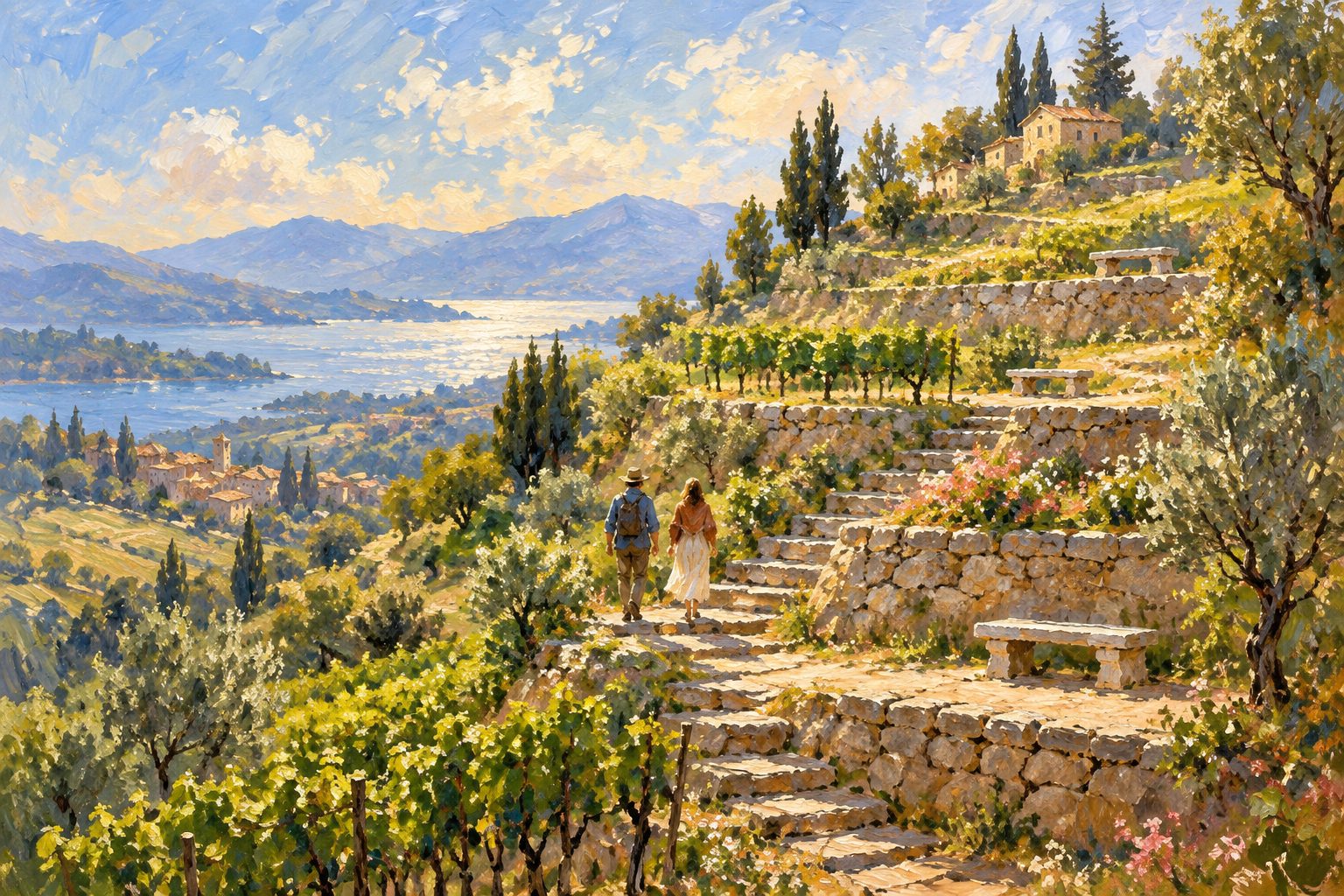 Pintura impresionista de dos personas subiendo juntas una ladera con terrazas, reducción de daños o abstinencia total