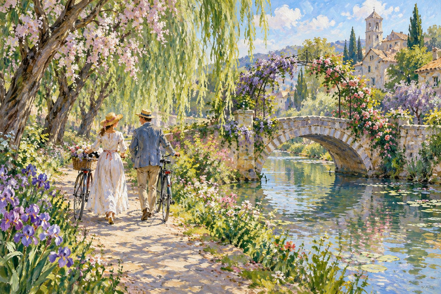 Pintura impresionista de una pareja paseando junto a un canal, ilustración de la relación abierta de pareja y lo que dice la investigación