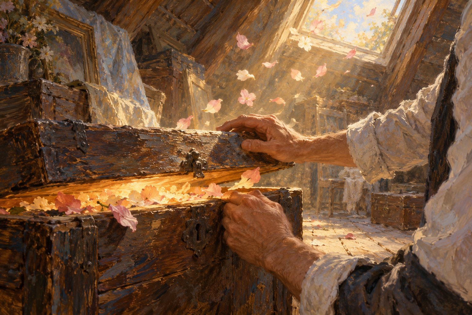 Pintura impresionista de manos abriendo un baúl del que sale luz y pétalos, reprimir emociones y alternativas