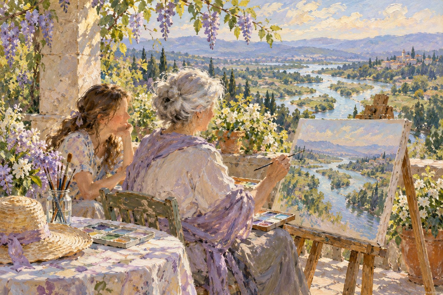 Pintura impresionista de una mujer mayor aprendiendo a pintar acuarelas con su nieta, ilustración de la reserva cognitiva