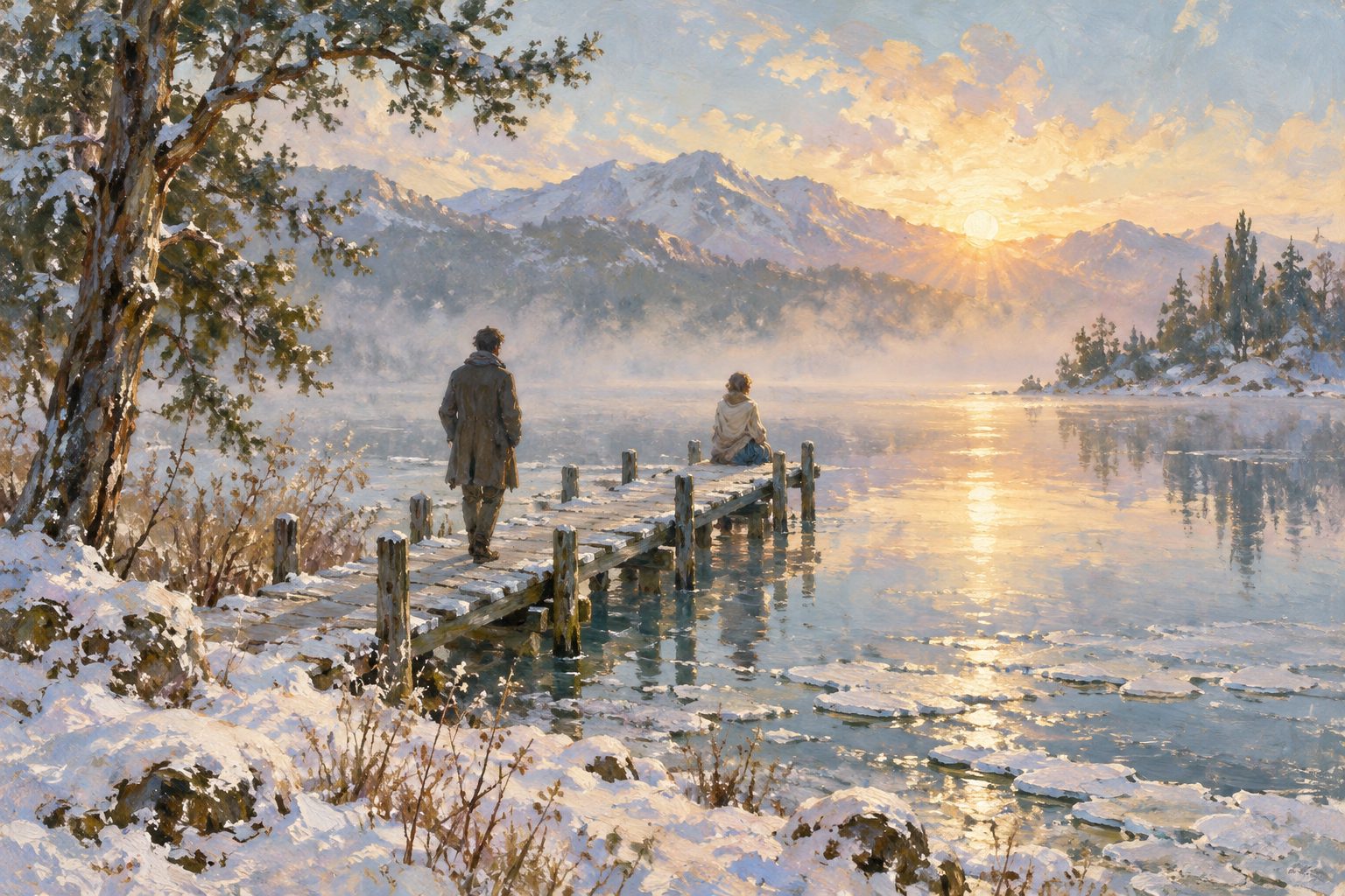 Pintura impresionista de una persona quieta en un muelle sobre un lago con neblina, ilustración de la respuesta de congelamiento ante el trauma