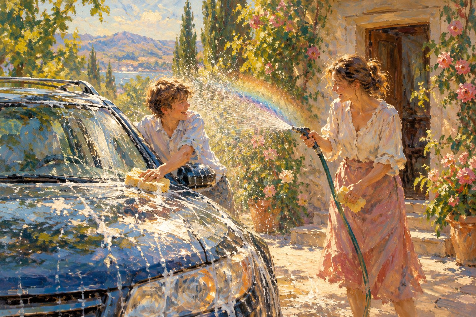 Pintura impresionista de una madre y su hijo adolescente lavando juntos un auto, ilustración sobre revisar el celular de mi hijo adolescente