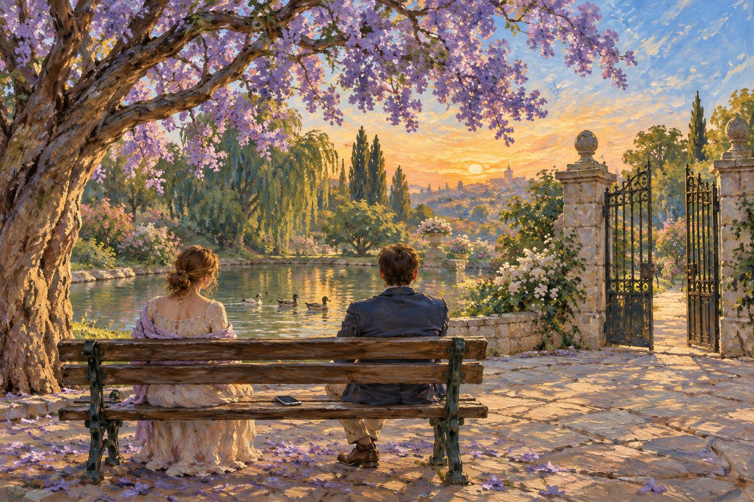 Pintura impresionista de una pareja en un banco bajo un jacarandá, ilustración de revisar el celular de mi pareja