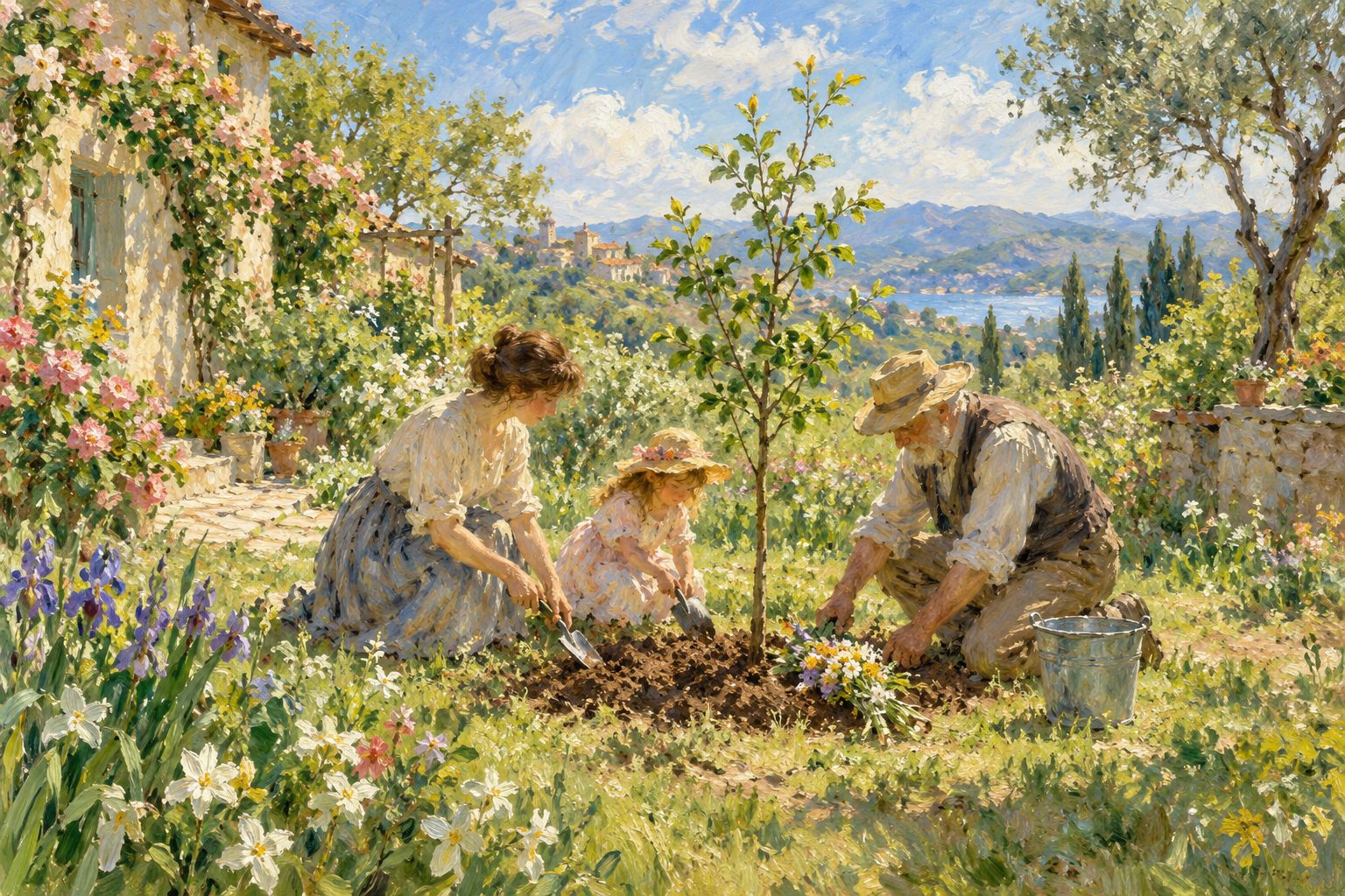 Pintura impresionista de una familia plantando un arbolito en el jardín, ilustración de los rituales de duelo