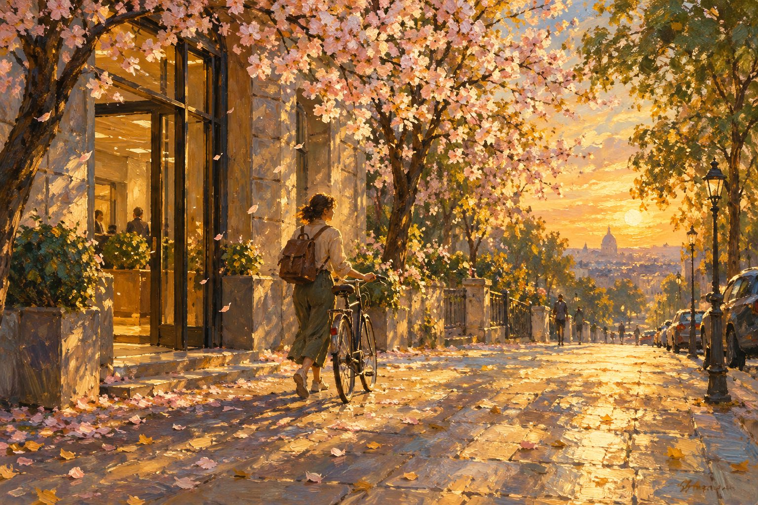 Pintura impresionista de una persona con su bicicleta bajo un cerezo en flor al salir del trabajo, ilustración del salario emocional