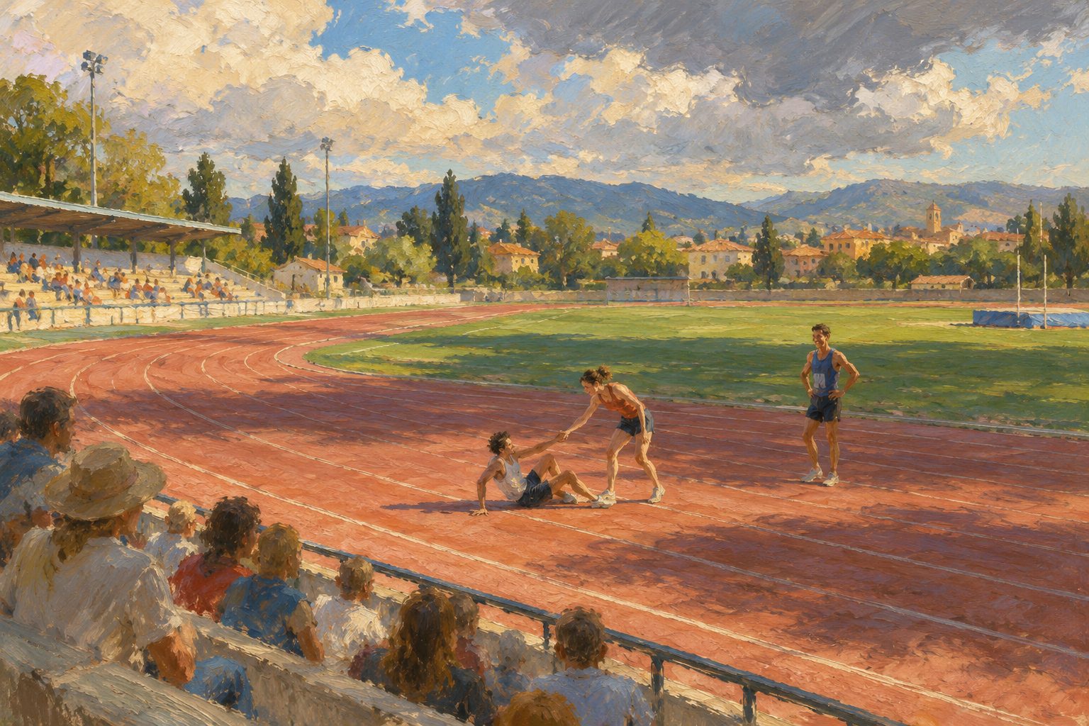 Pintura impresionista de corredores en una pista, ilustración de la schadenfreude o alegrarse del mal ajeno