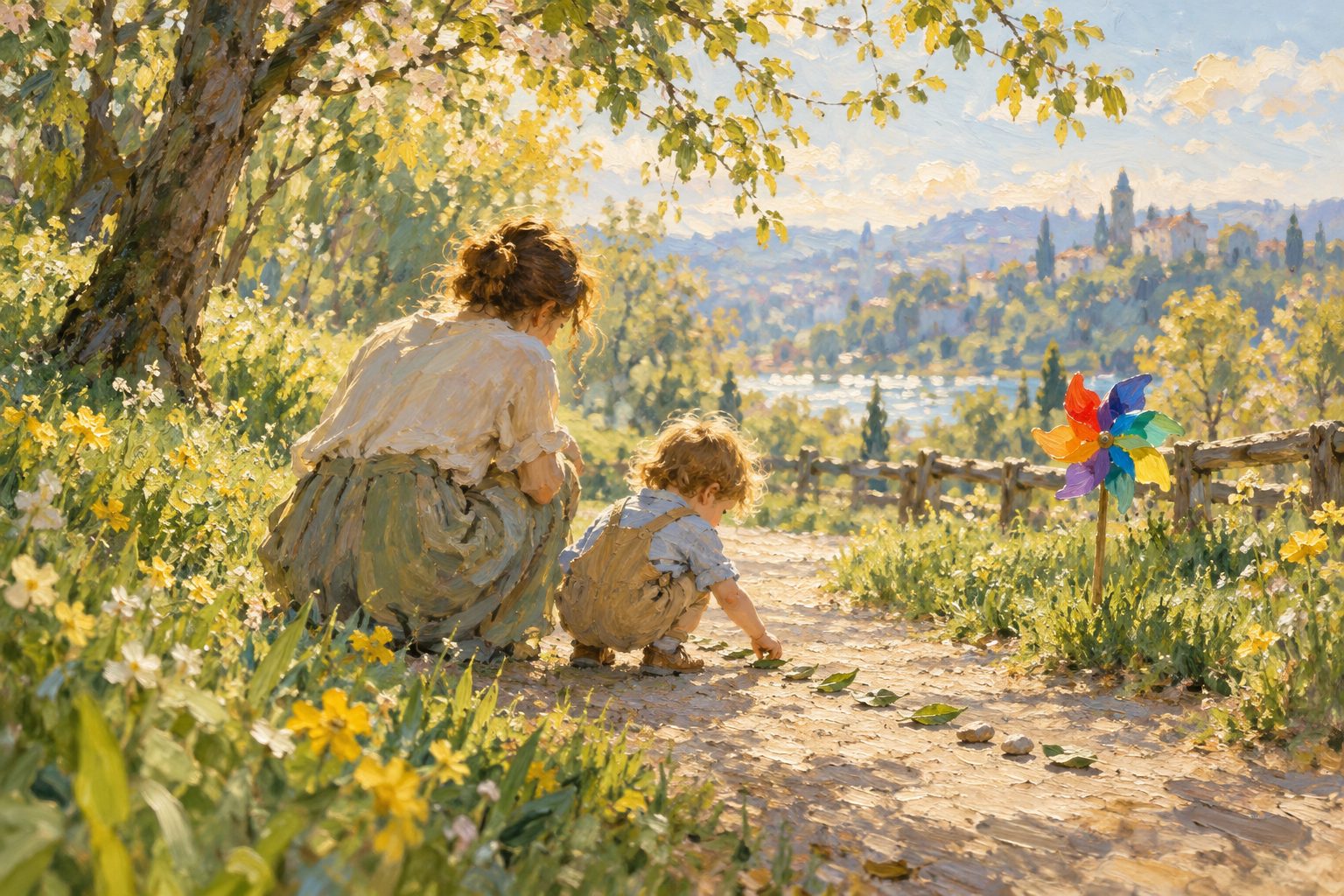 Pintura impresionista de una adulta y un niño pequeño en un parque, señales de autismo en niños de 2 años