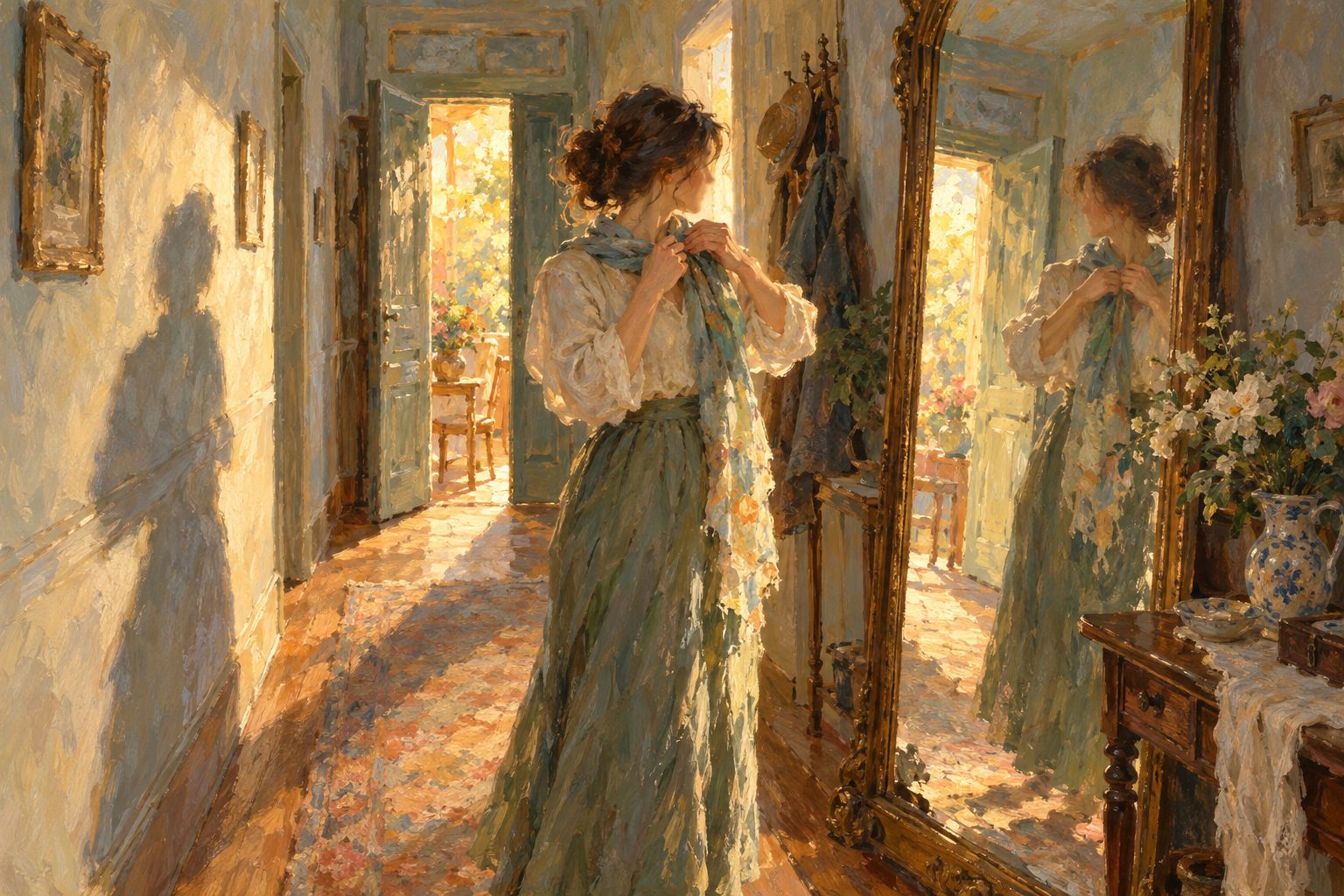 Pintura impresionista de una mujer ante un espejo de pasillo con luz entrando por una puerta, señales de violencia psicológica sutil