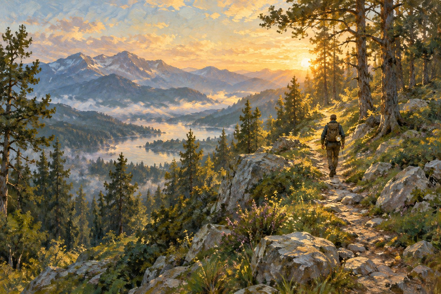 Pintura impresionista de una persona subiendo un sendero de montaña con una brújula, sentido de vida en la psicología