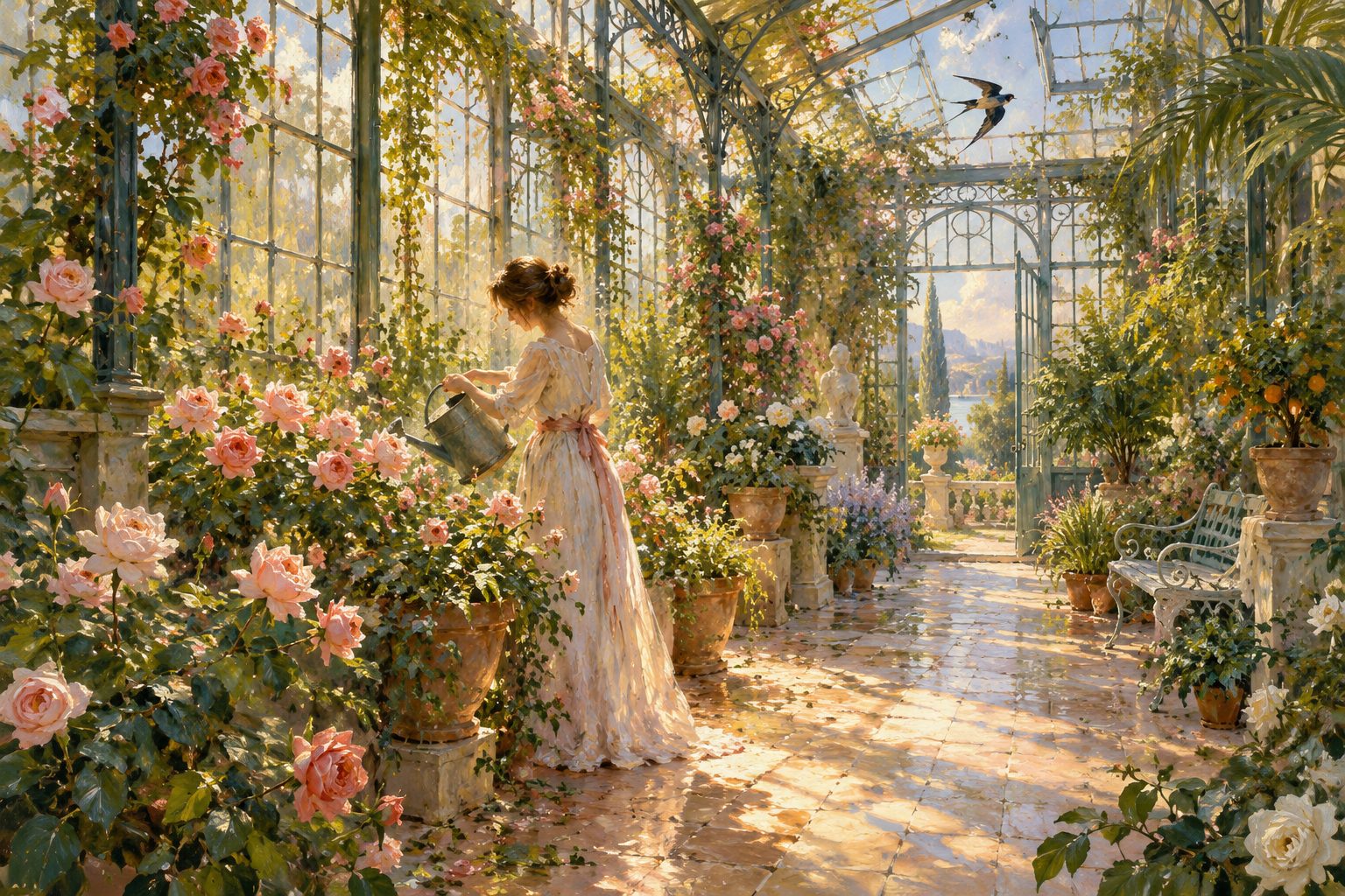 Pintura impresionista de una mujer en un invernadero con un haz de luz cálido, ilustración de sentir la presencia de un ser querido fallecido