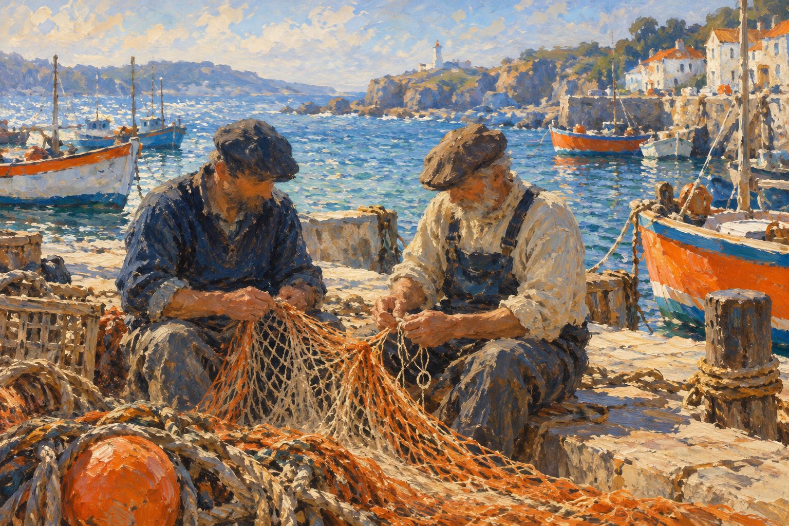 Pintura impresionista de dos pescadores remendando juntos una red en una caleta, ilustración de sentirse incomprendido