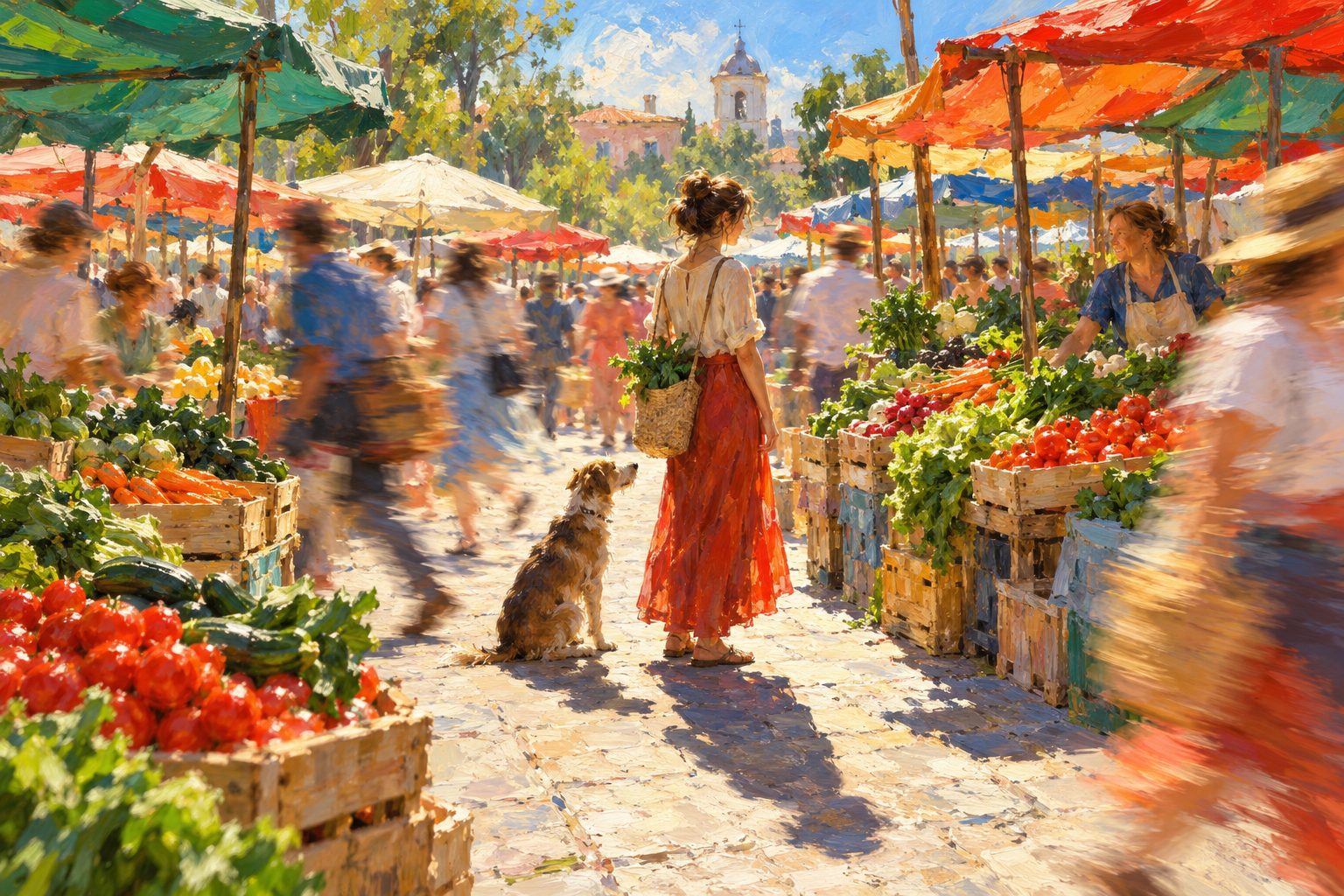 Pintura impresionista de una mujer en una feria entre gente difusa, ilustración de sentirse invisible para los demás