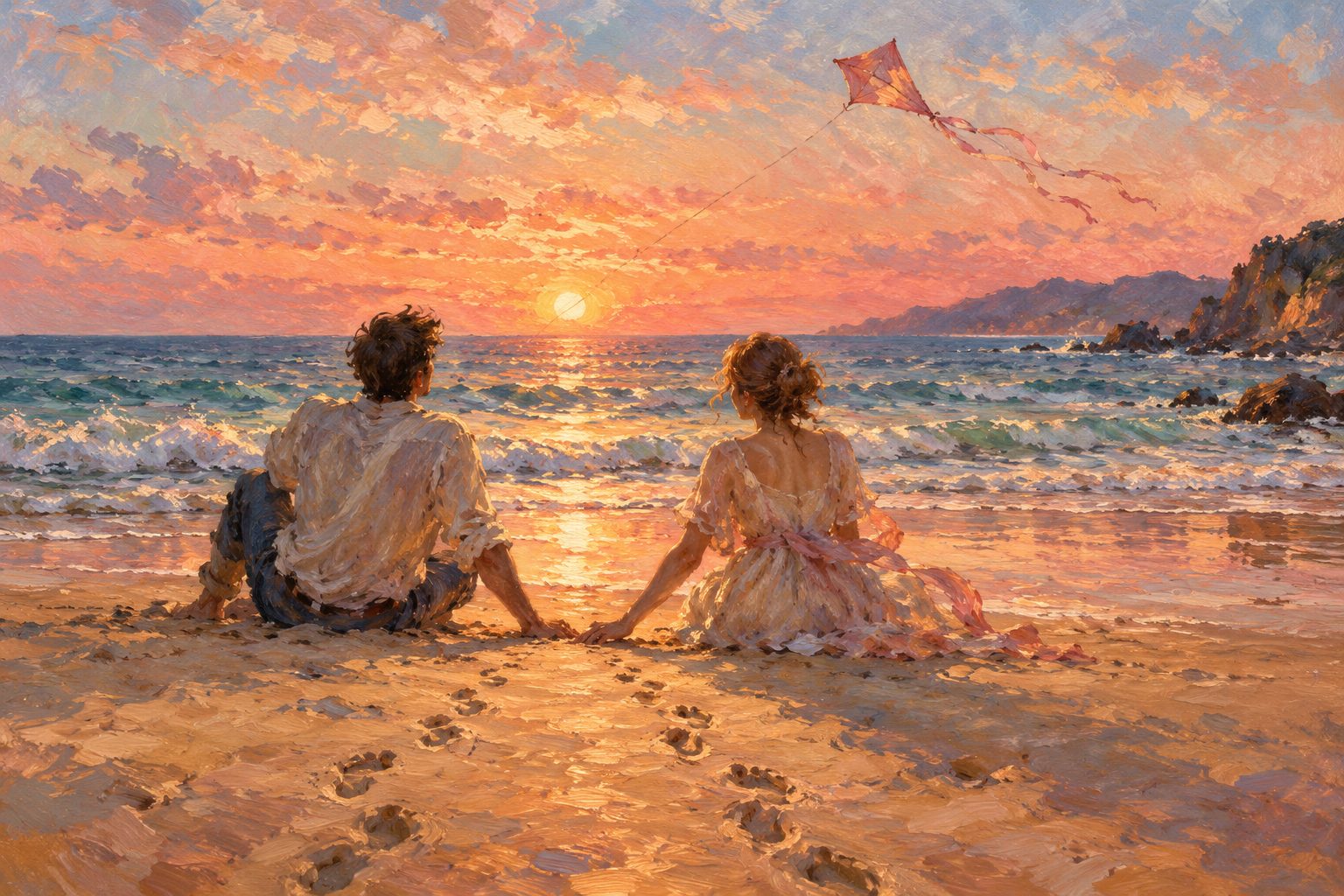 Pintura impresionista de una pareja en la playa mirando una cometa, ilustración de sentirse solo en pareja