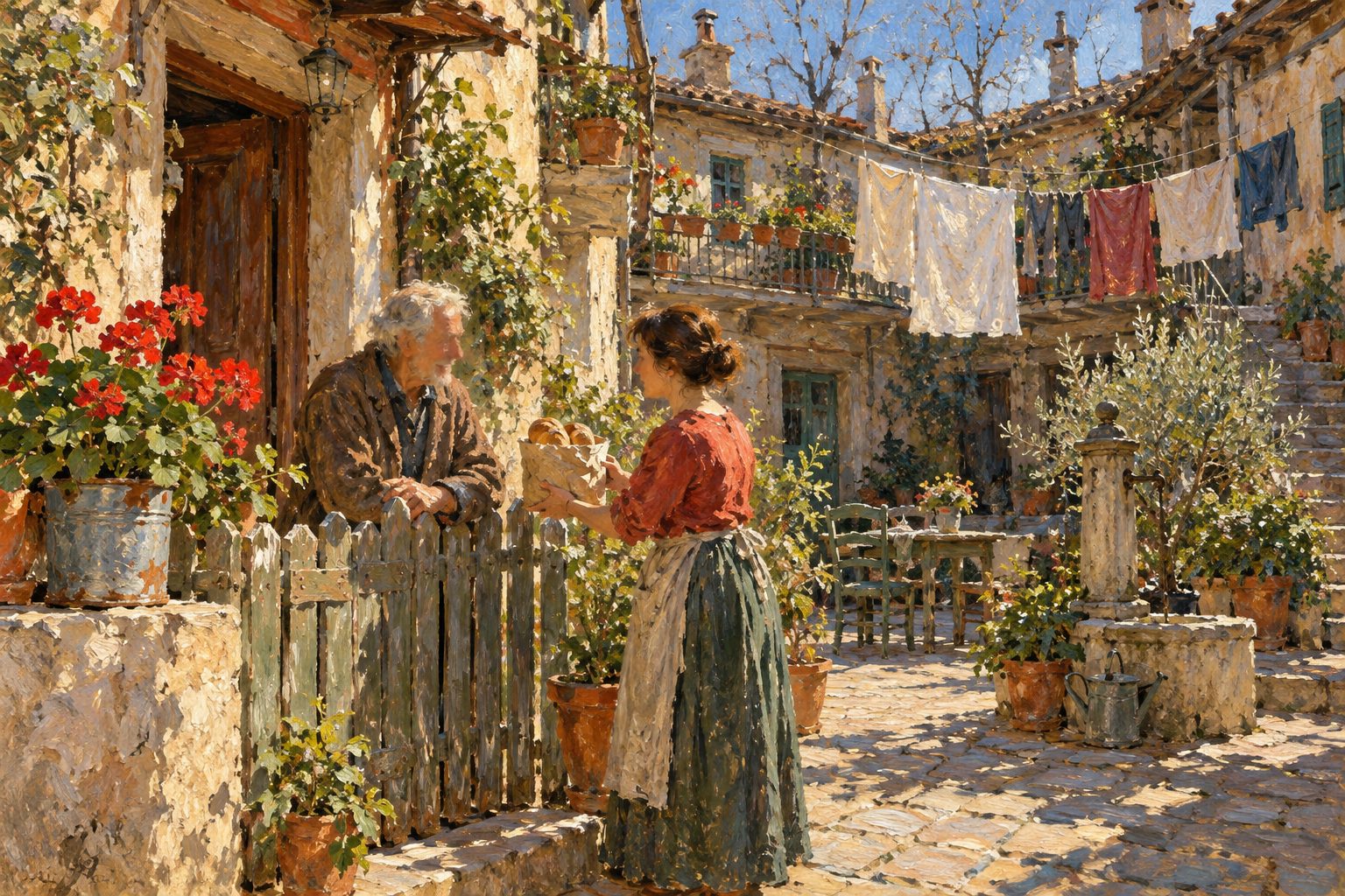 Pintura impresionista de un hombre mayor conversando con una vecina en un patio, ilustracion sobre el sindrome de Diogenes