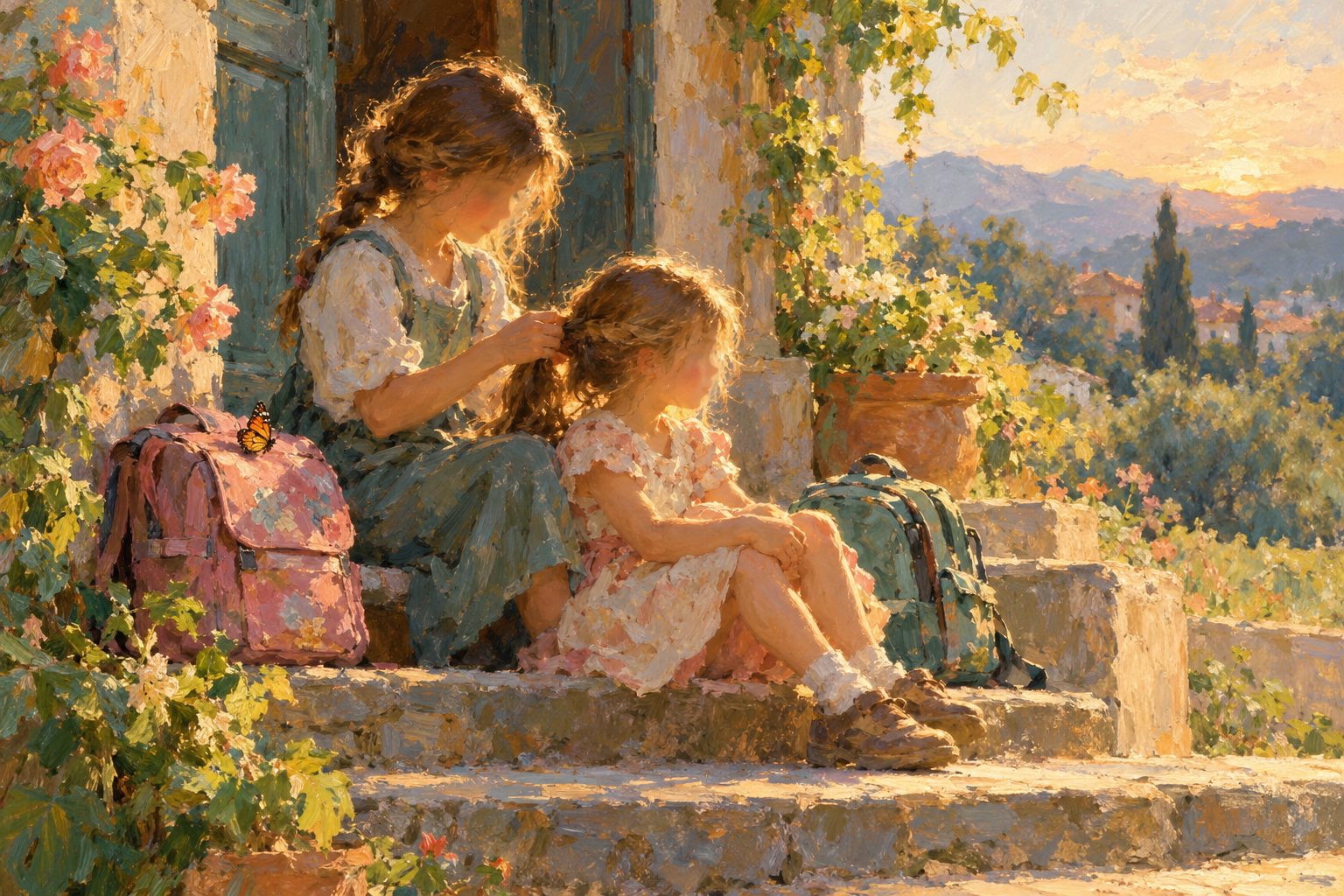 Pintura impresionista de una hermana mayor trenzando el cabello de su hermana menor, ilustración sobre el síndrome de la hija mayor