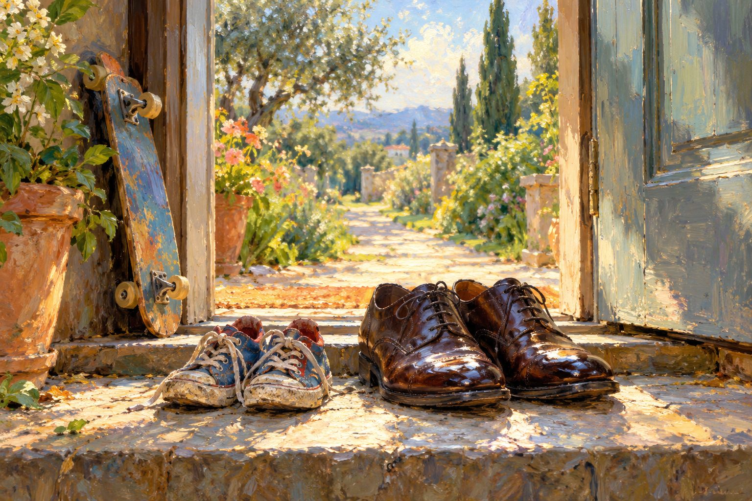 Pintura impresionista de zapatillas de nino y zapatos de adulto en una puerta, ilustracion del sindrome de Peter Pan