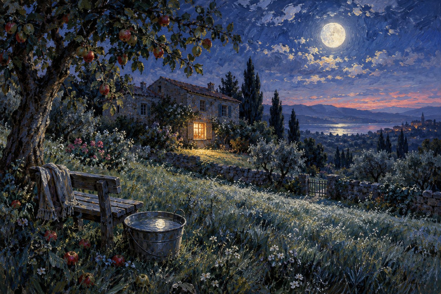 Pintura impresionista de una casa de campo de noche con una ventana encendida, síndrome del comedor nocturno