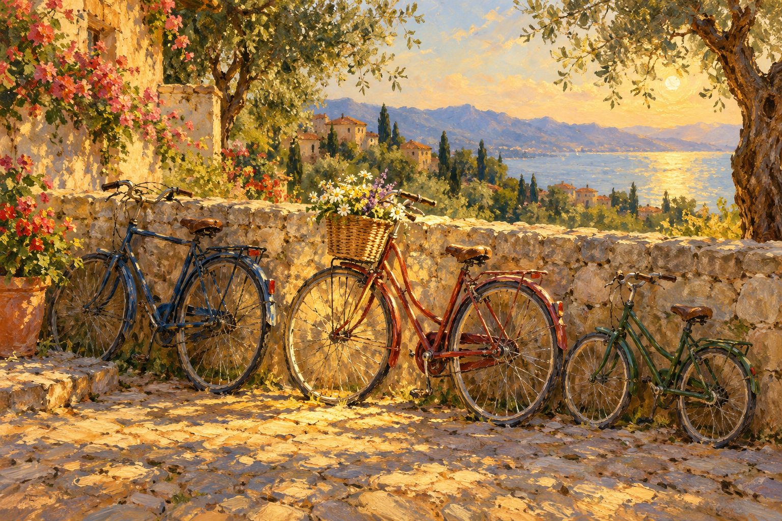 Pintura impresionista de tres bicicletas de distinto tamano junto a un muro, ilustracion del sindrome del hijo del medio