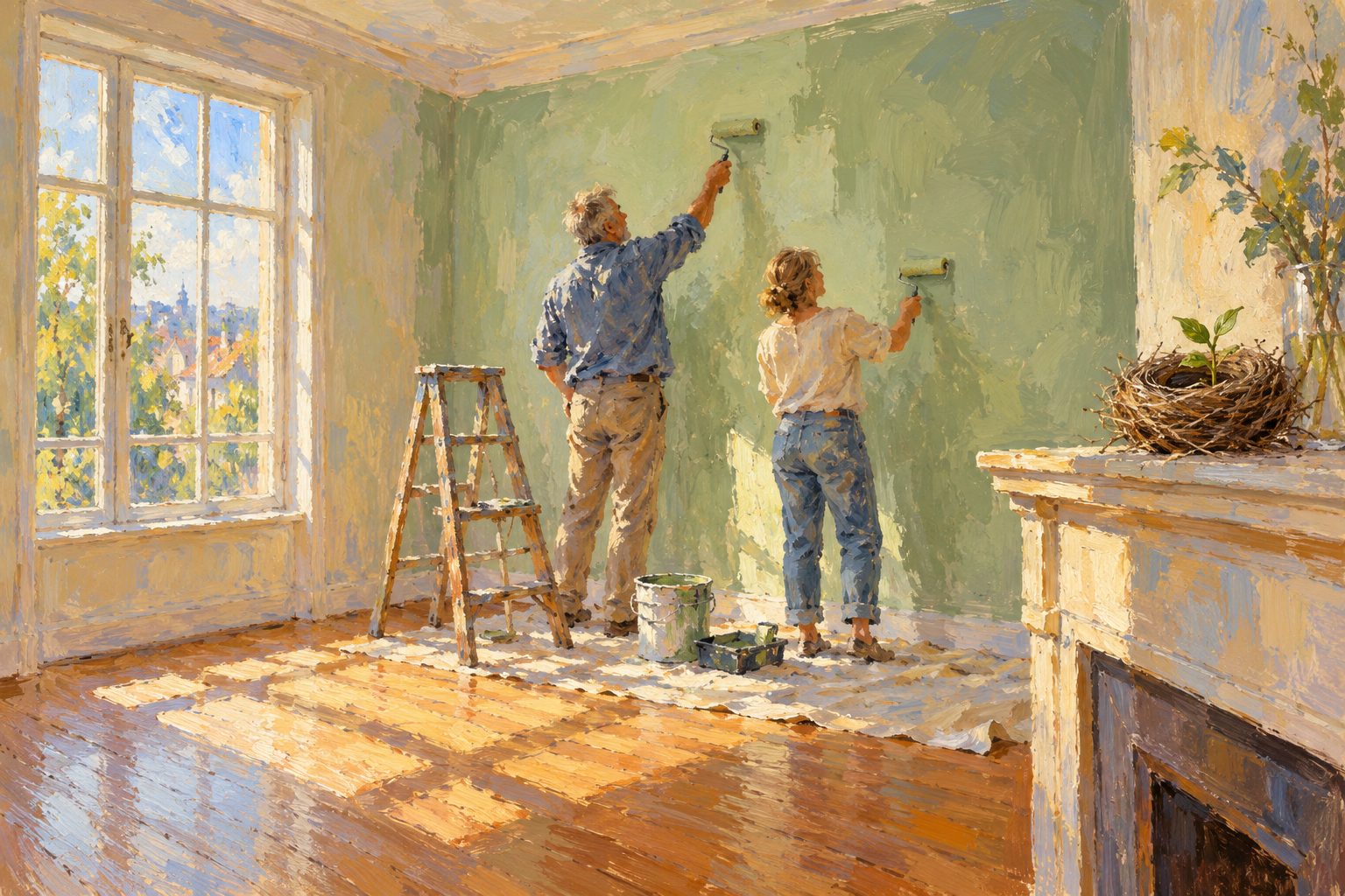 Pintura impresionista de una pareja pintando el cuarto vacio de su hijo, ilustracion del sindrome del nido vacio